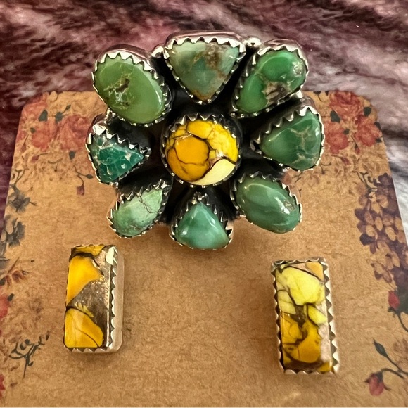 ❤️ Emerald Valley Turquoise Honey Dahlia Ring & Earring Set 925 Handmade - Picture 3 of 17